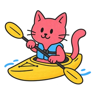 Die pinke Katze paddelt mit Schwimmweste in einem gelben Kajak