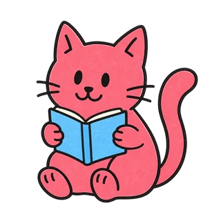 Die pinke Katze liest in einem blauen Buch