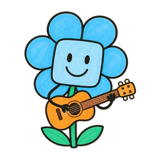 Die blaue Blume spielt eine orange Gitarre