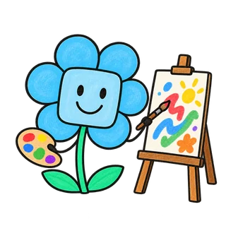 Die blaue Blume malt ein buntes Bild an einer Staffelei