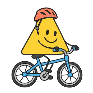 Das gelbe Dreieck fährt mit Helm auf einem blauen Fahrrad