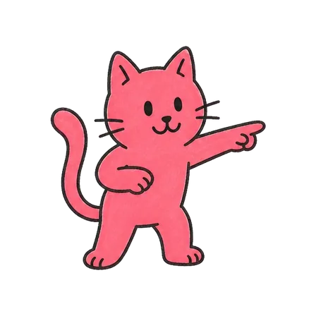 Die pinke Katze zeigt zur Seite
