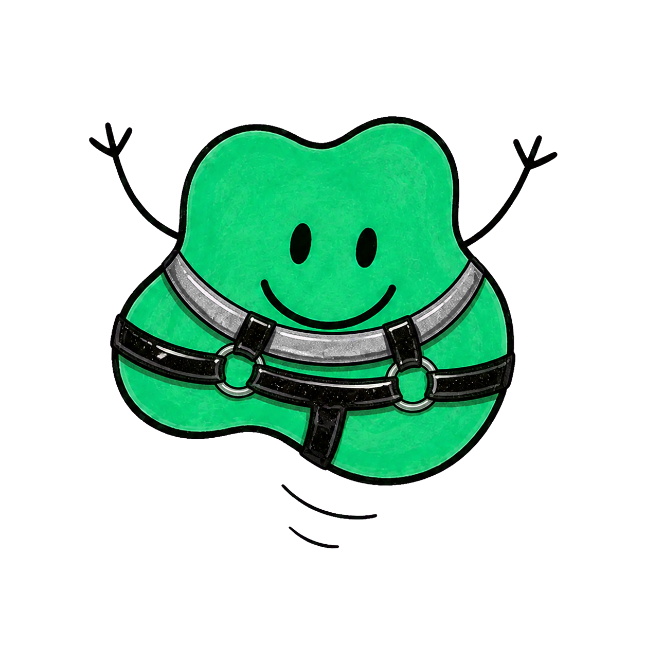 Grünes Blob-Maskottchen in glänzendem schwarzem Harness