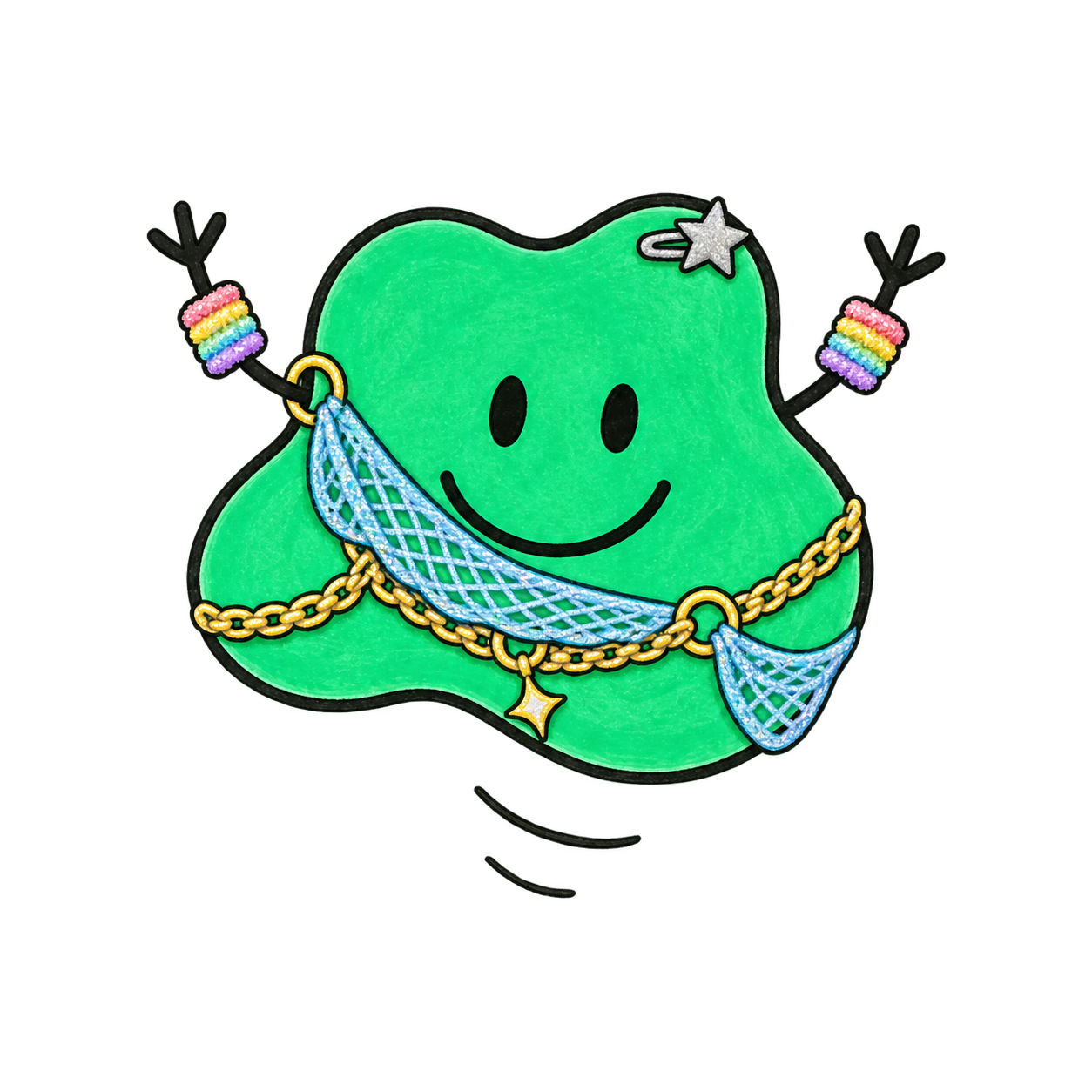 Grünes Blob-Maskottchen mit weichem blauem Mesh und Regenbogenmanschetten