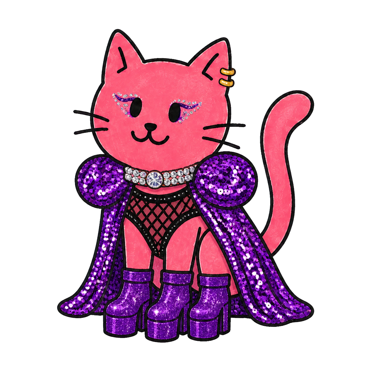 Pinkes Katzen-Maskottchen in violettem Pailletten-Cape und Plateaustiefeln