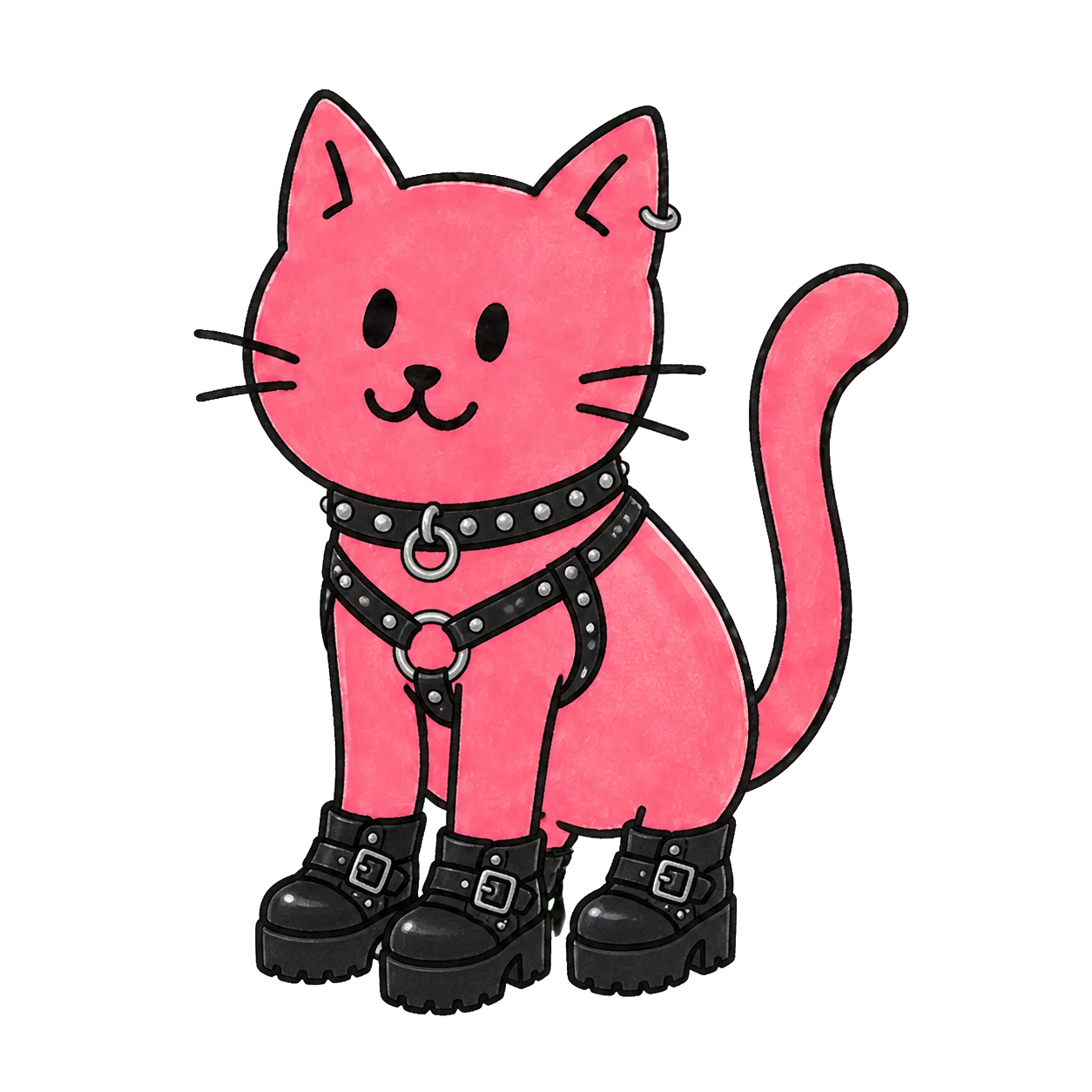 Pinkes Katzen-Maskottchen mit schwarzem Lederharness und vier Boots