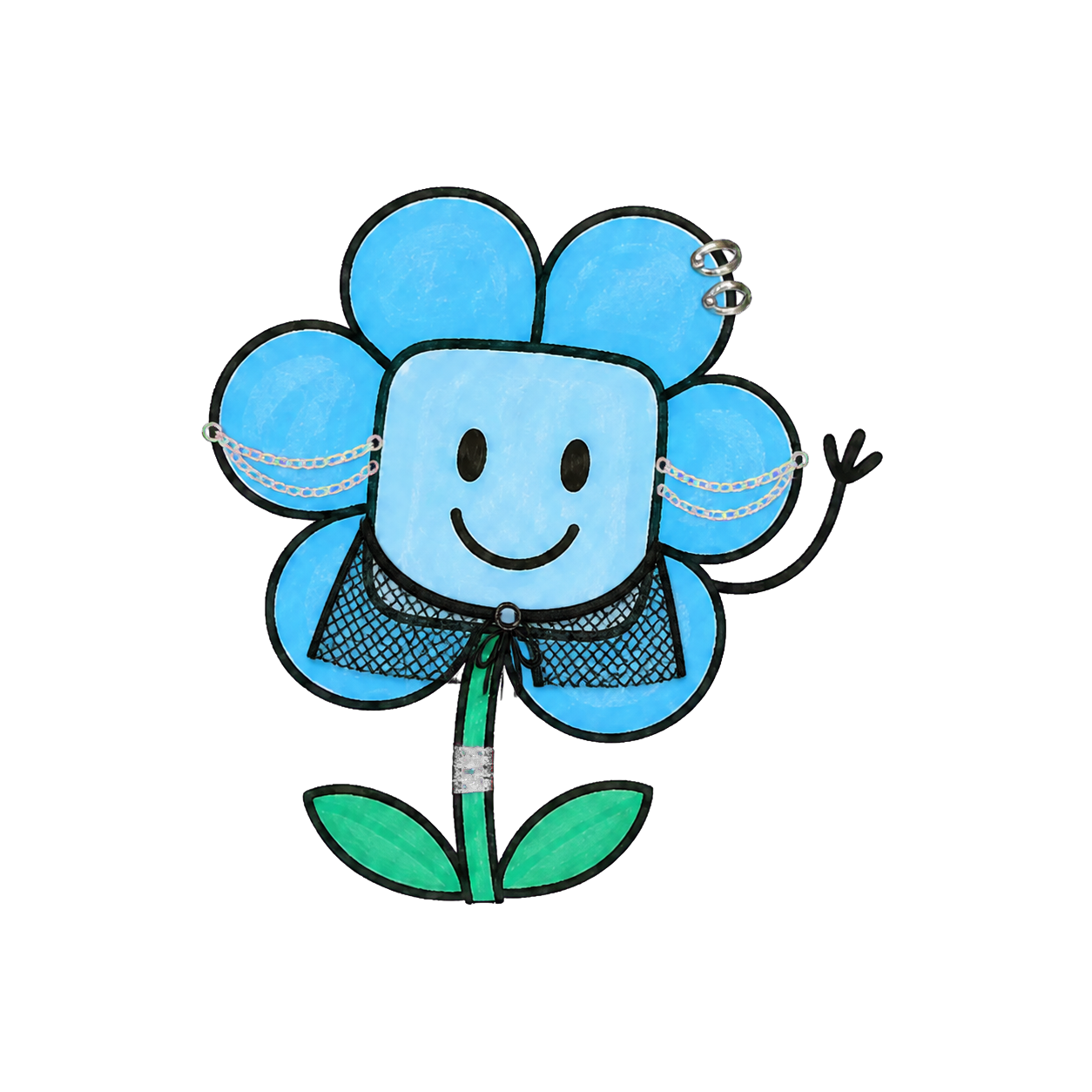 Blumen-Maskottchen mit schwarzem Mesh und Glitzerketten