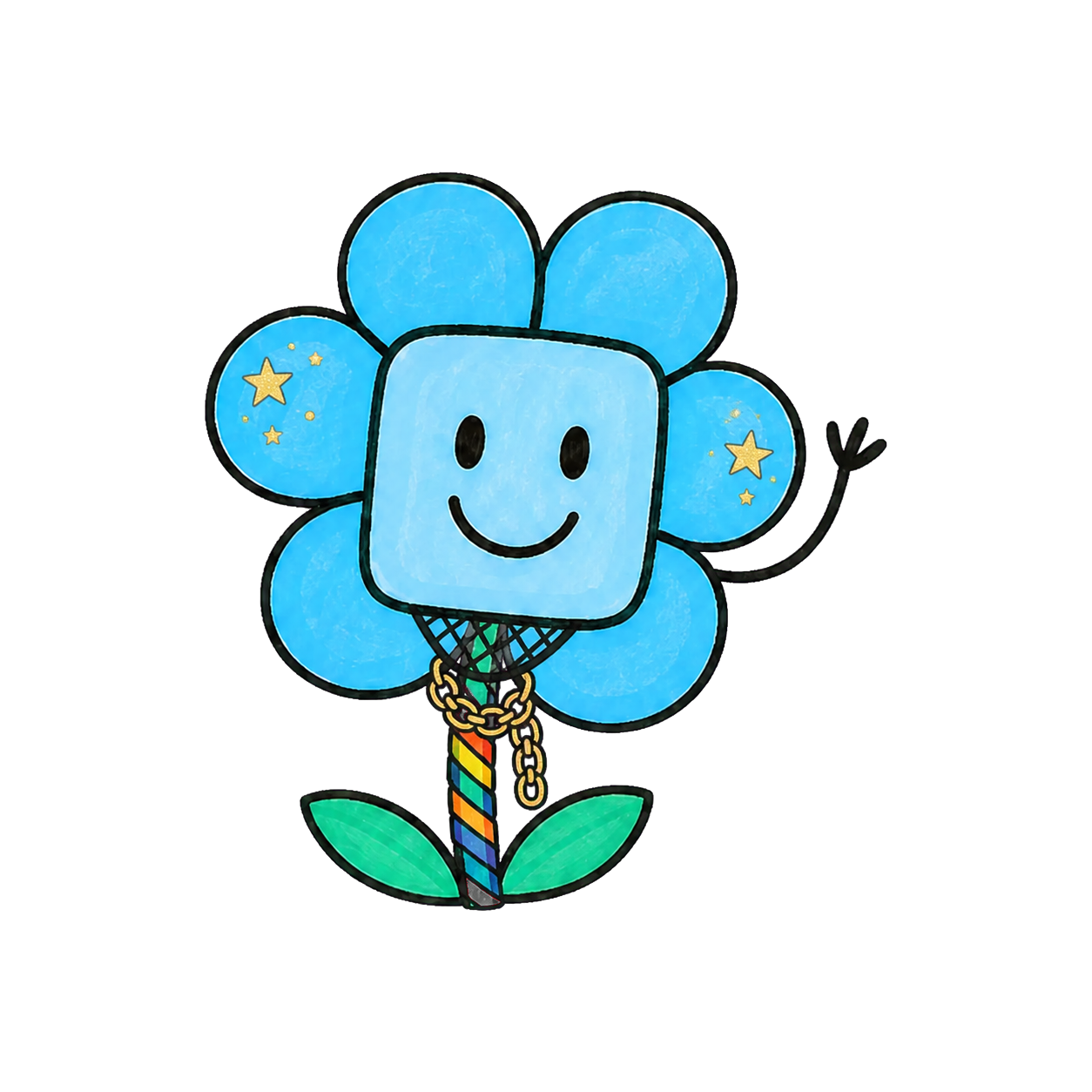 Blumen-Maskottchen mit Regenbogen-Tape und goldener Kette