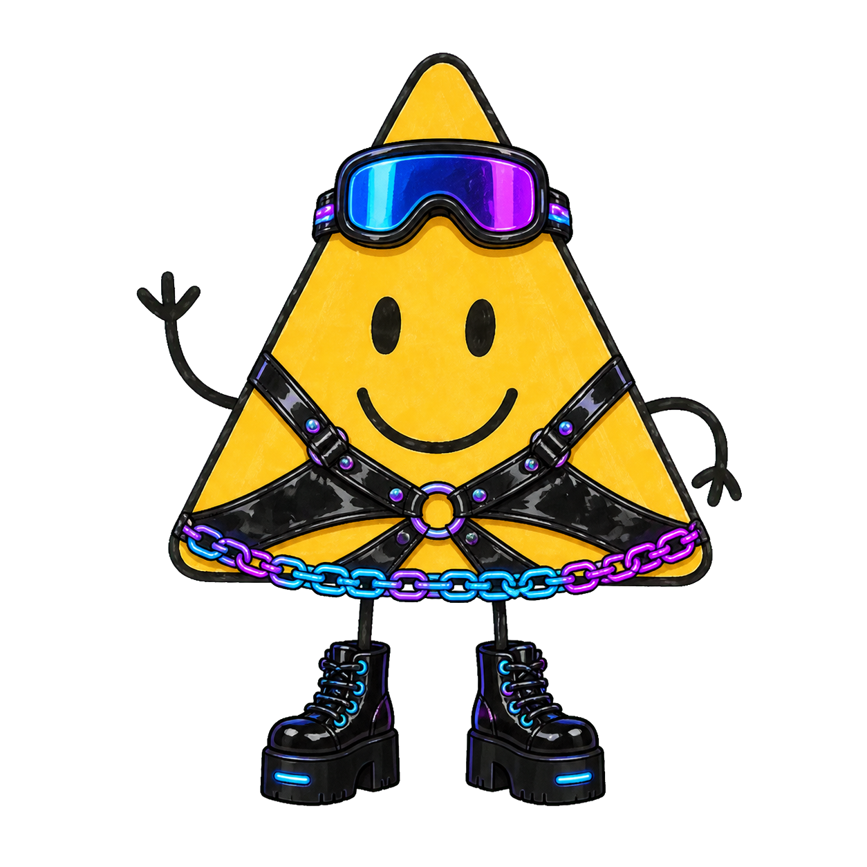 Gelbes Dreiecks-Maskottchen mit Cyberbrille, Ketten und Plateaustiefeln