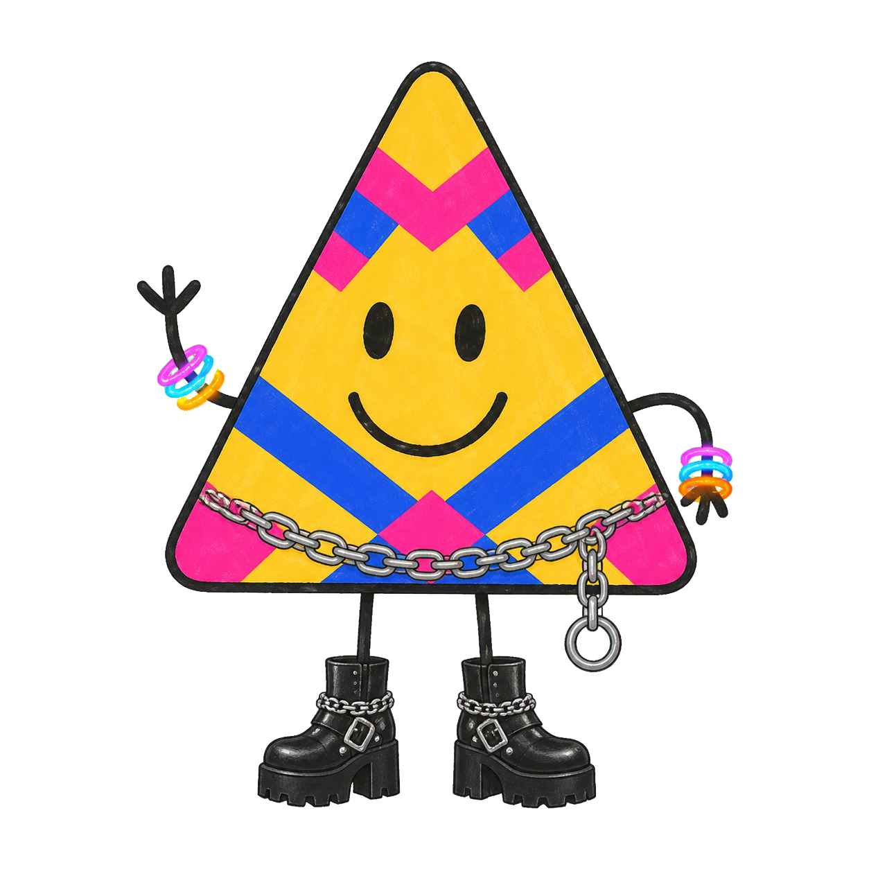 Gelbes Dreiecks-Maskottchen mit pink-blauem Tape, Kette und Boots